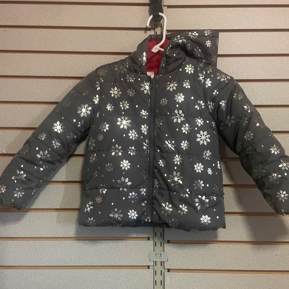 Gymboree Girls Gray Silver‎ Metallic Snowflake Puffer Jacket Hooded Size S 5-6